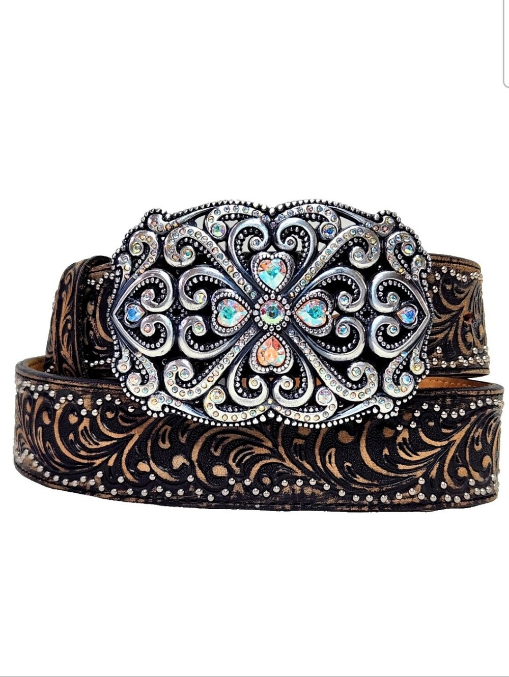 TONY LAMA Studded Leather Belt Sz 36 Swarovski Crystal Buckle Hearts Rhinestones